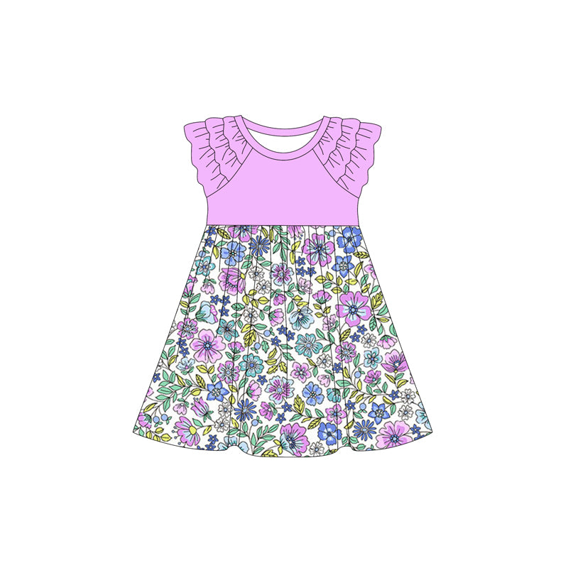 Preorder (moq 5)Baby Girls Lavender Flowers Ruffle Knee Length Dresses