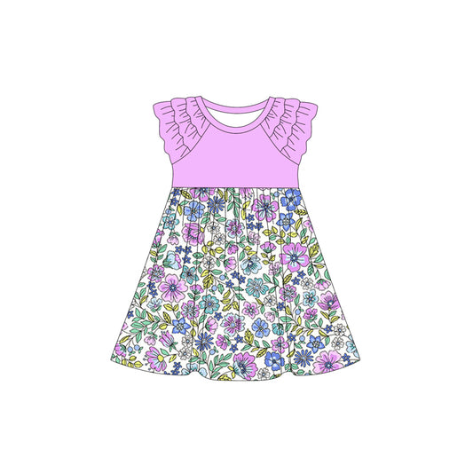 Preorder (moq 5)Baby Girls Lavender Flowers Ruffle Knee Length Dresses