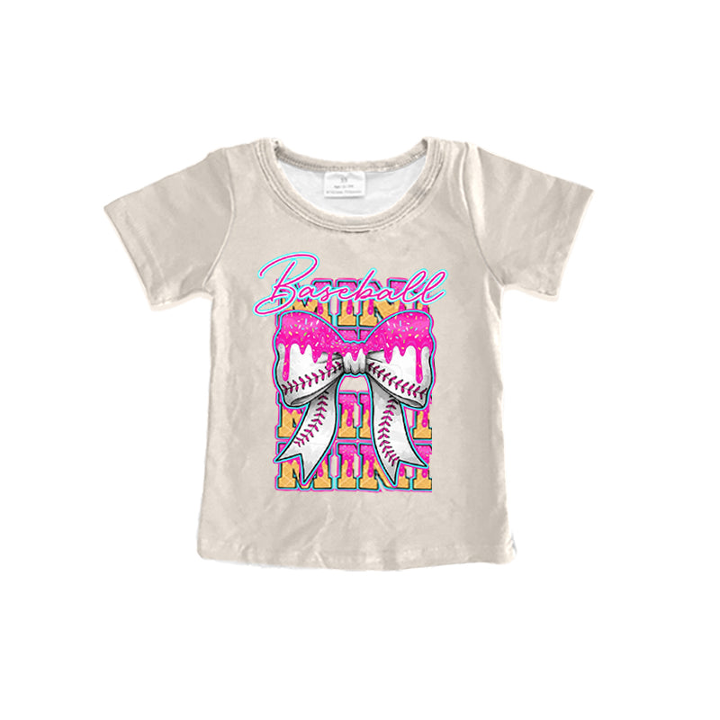 Preorder moq 5 Baby Girls Khaki Short Sleeves Mini Baseballs Bow Tee Shirts Top