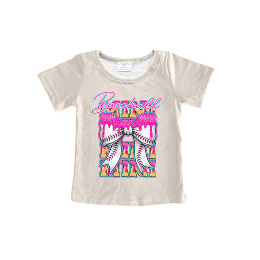 Preorder moq 5 Baby Girls Khaki Short Sleeves Mini Baseballs Bow Tee Shirts Top