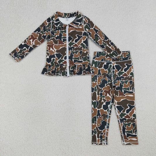 Baby Girls Dark Brown Camo Ruffle Zip Jacket Leggings Yoga Active Clothes Sets