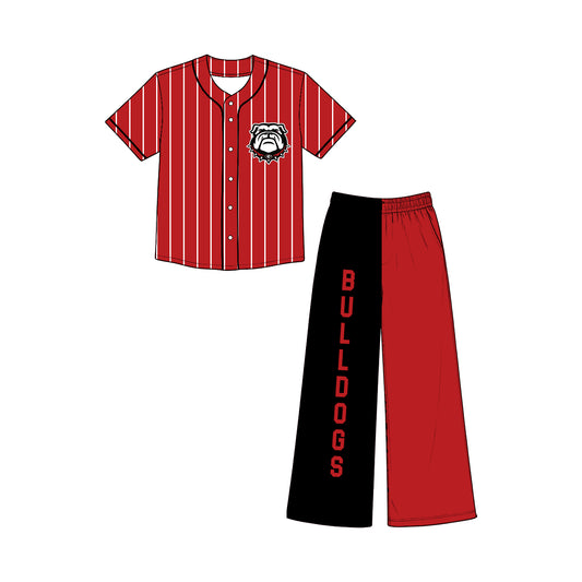 Preorder (moq 5)Baby Girls Red Stripe Button Bulldogs Top Flare Pants Team Clothes Sets