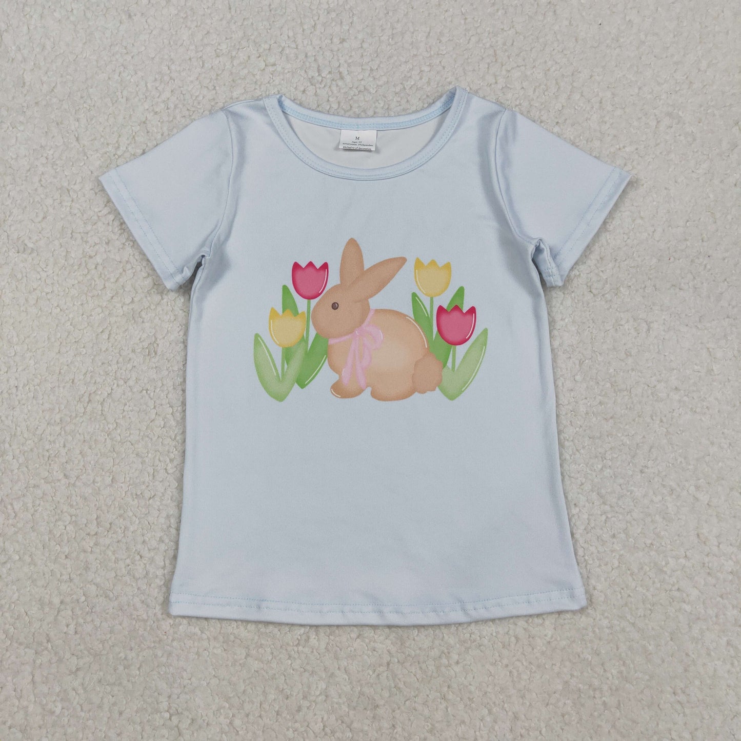 Baby Girls Blue Short Sleeve Flowers Rabbits Easter T-shirts Top