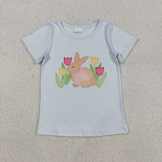 Baby Girls Blue Short Sleeve Flowers Rabbits Easter T-shirts Top