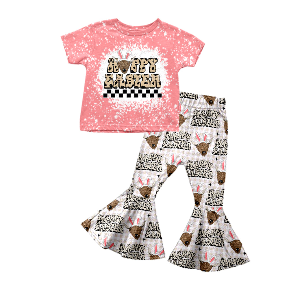 Baby Girls Happy Easter Highland Cow Shirt Bell Pants Clothes Sets preorder(moq 5)
