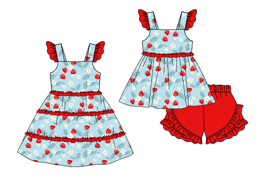 Preorder(moq 5 each) Baby Girls Blue Strawberry Flowers Ruffles Summer Dress Shorts Sets