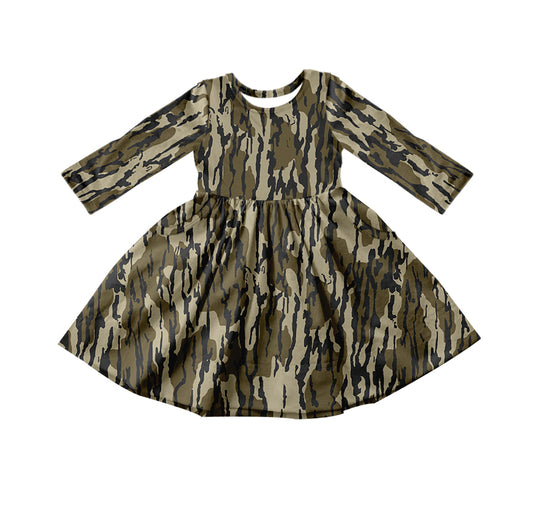 Baby Girls Fall Green Tree Camo Hunting Long Sleeve Knee Length Dresses Preorder(moq 5)