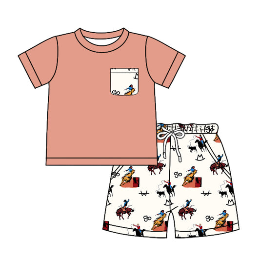 Preorder (moq 5)Baby Boys Western Rodeo Brand Pocket Shirt Top Shorts Outfits