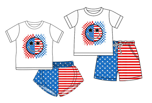 Preorder moq 5 Custom Baby Kids Short Sleeves Flag Smile Top Pockets Short 4th Of July Sets
