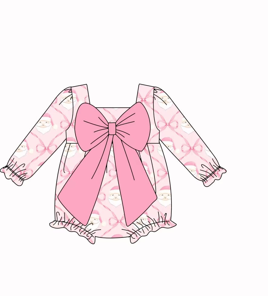 Preorder(moq 5)Baby Infant Girls Pink Santa Plaid Bows Top Ruffle Christmas Rompers