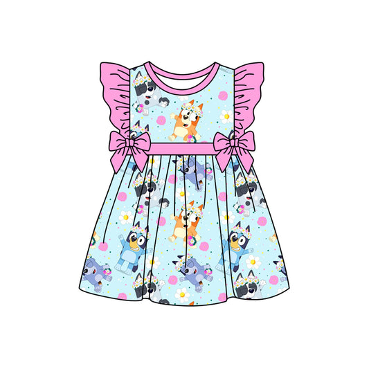 Preorder (moq 5)Baby Girls Spring Cute Dogs Bows Ruffle Knee Length Dresses
