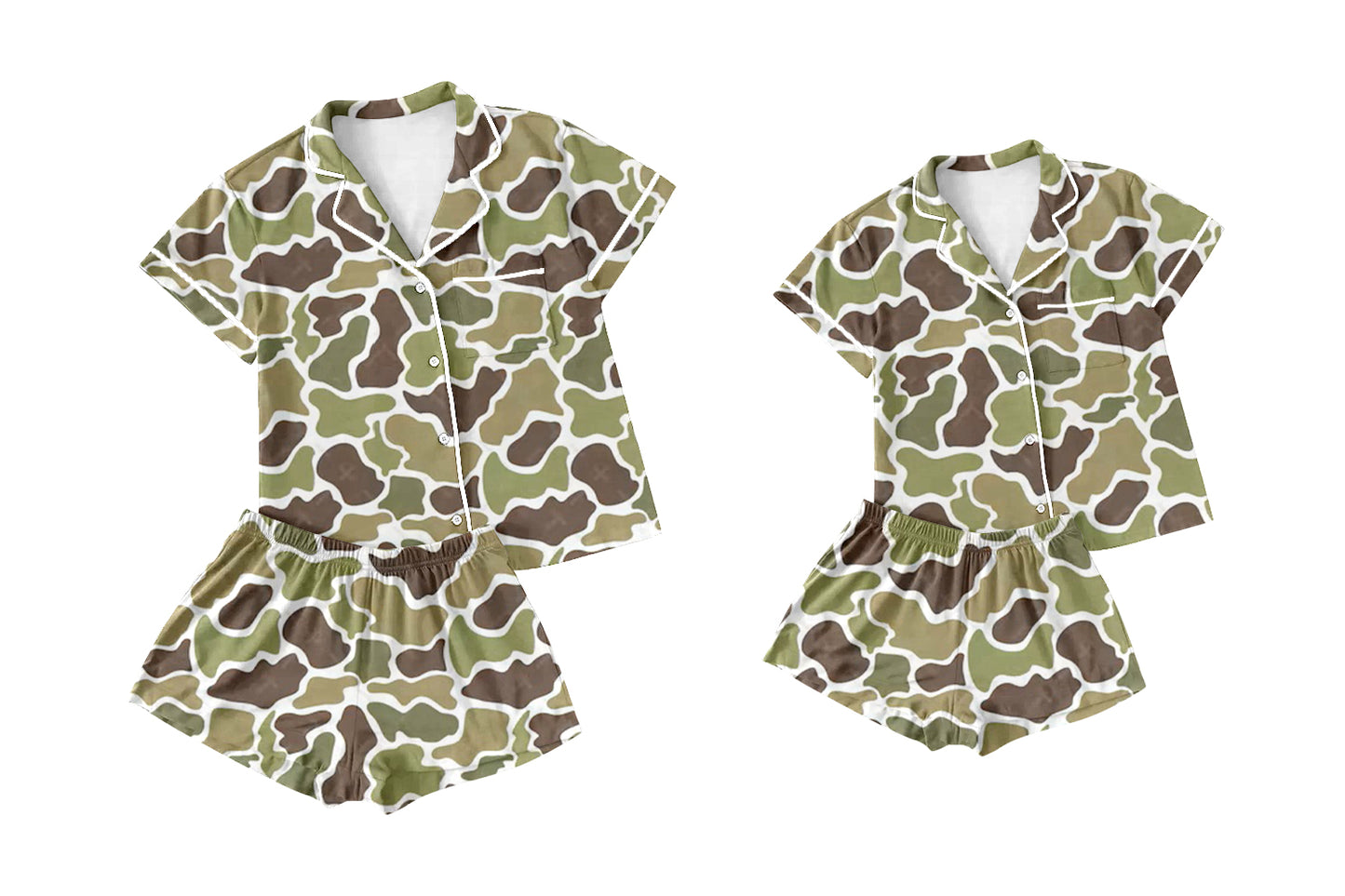 Preorder (moq 5 each) Family Women Baby Kids Green Camo Buttons Top Shorts Pajamas Clothing Sets