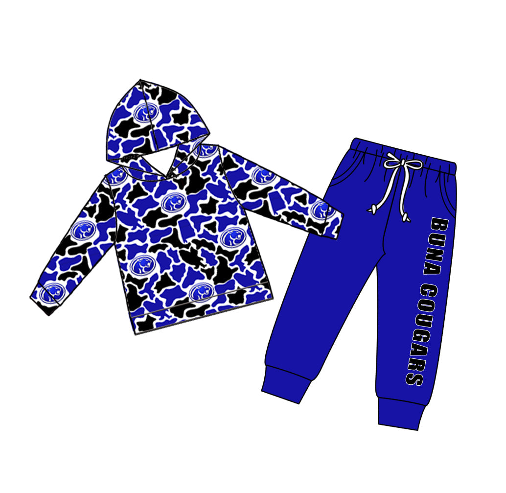 Preorder (moq5) Baby Boys Camo Buna Cougars Hoodie Pockets Joggers Team Clothes Set