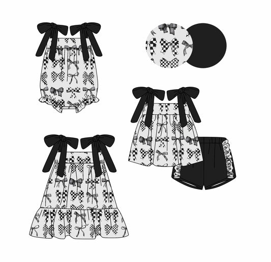 Preorder moq 5 Custom Baby Girls Black Strap Bows Tunic Ruffle Short Set Knee Length Dress And Rompers