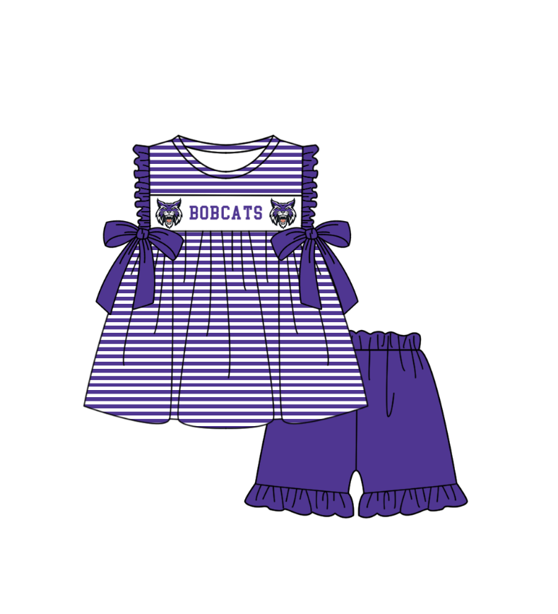 Preorder (moq 5)Baby Girls Sleeveless Bobcats Tunic Ruffle Short Team Clothes Sets