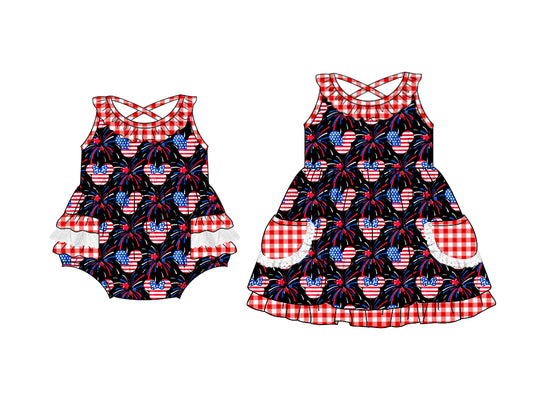 Preorder moq 5 Custom Baby Girls Sleeveless Cartoon Mouse Flags Firework Pockets 4th Of July  Knee Length Dresses Rompers