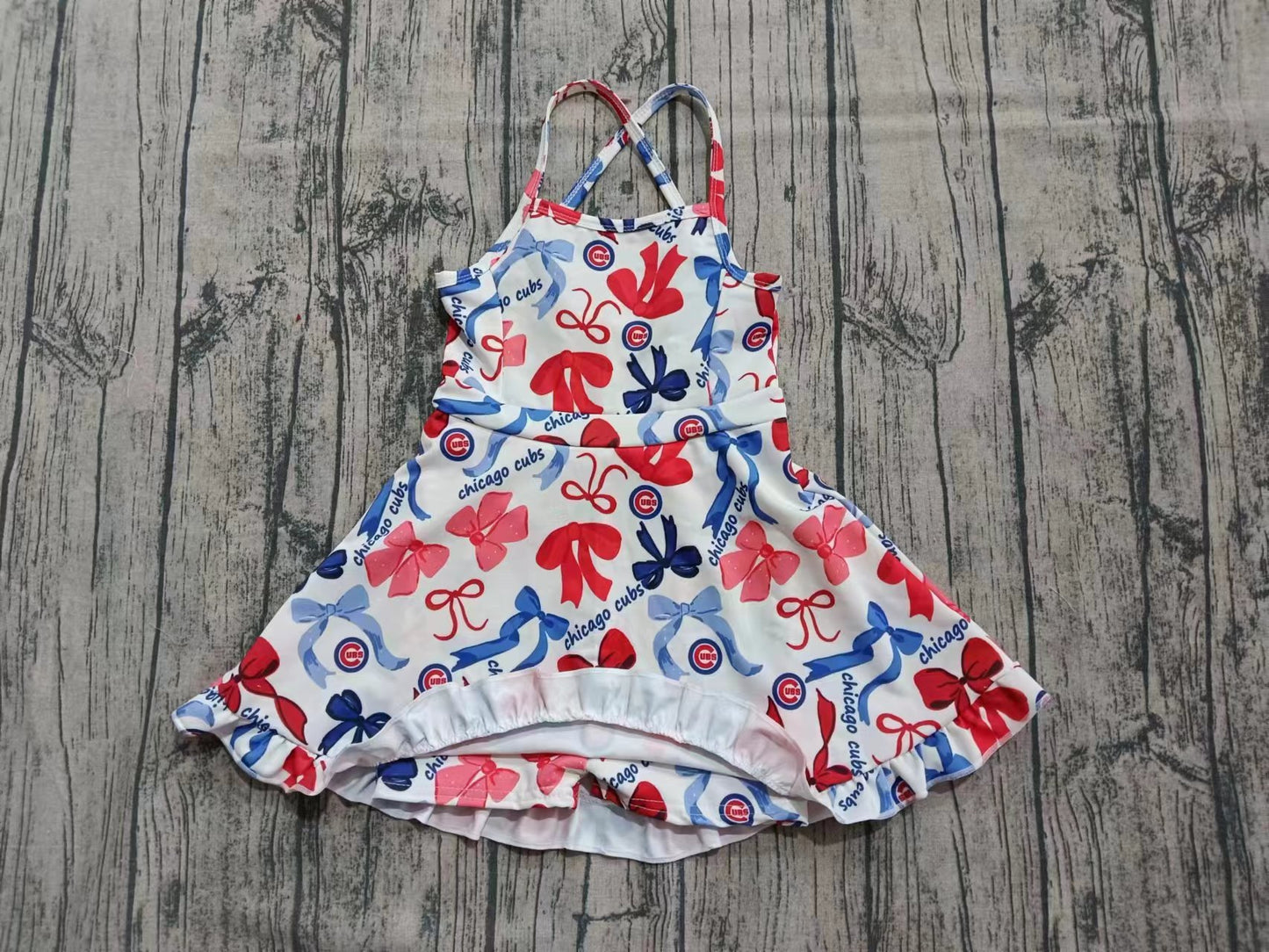 Preorder (moq 5)Baby Girls Strap Blue Red Bows Plaid Chicago Cubs Short Ruffle Team Knee Length Dresses