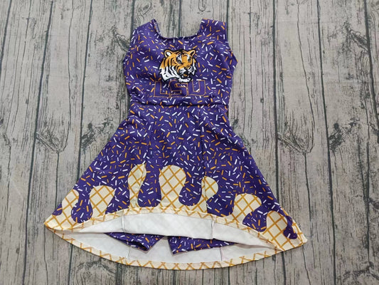 Preorder (moq 5)Baby Girls Purple Sleeveless Tiger LSU Drip Short Team Knee Length Dresses