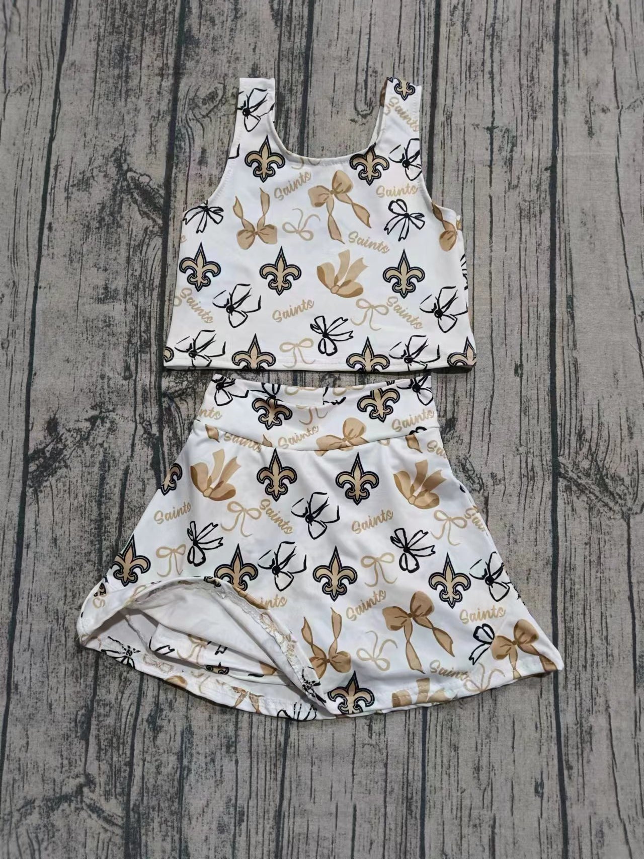 Preorder (moq 5)Baby Girls Sleeveless Yellow Bows Plaid Saints Top Skorts Team Set