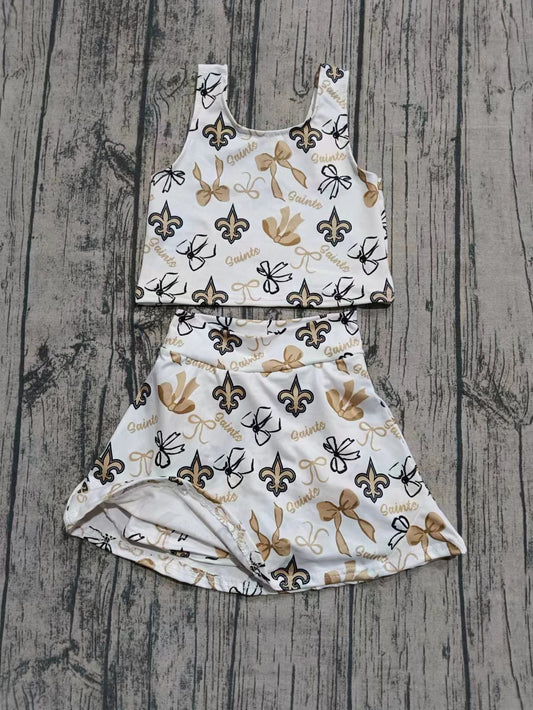 Preorder (moq 5)Baby Girls Sleeveless Yellow Bows Plaid Saints Top Skorts Team Set
