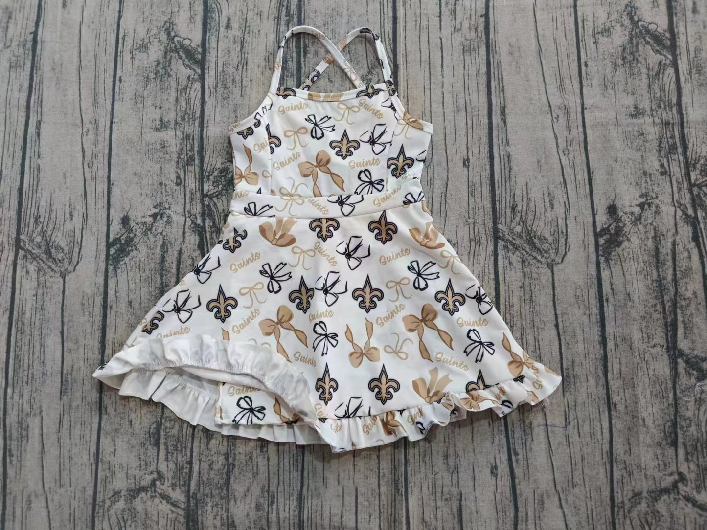 Preorder (moq 5)Baby Girls Straps Yellow Bows Plaid Saints Shorts Ruffle Team Knee Length Dresses