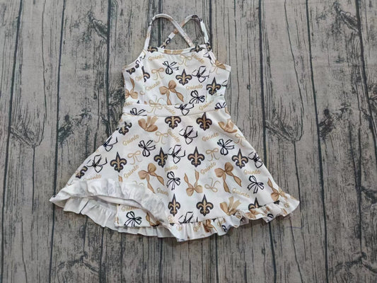 Preorder (moq 5)Baby Girls Straps Yellow Bows Plaid Saints Shorts Ruffle Team Knee Length Dresses