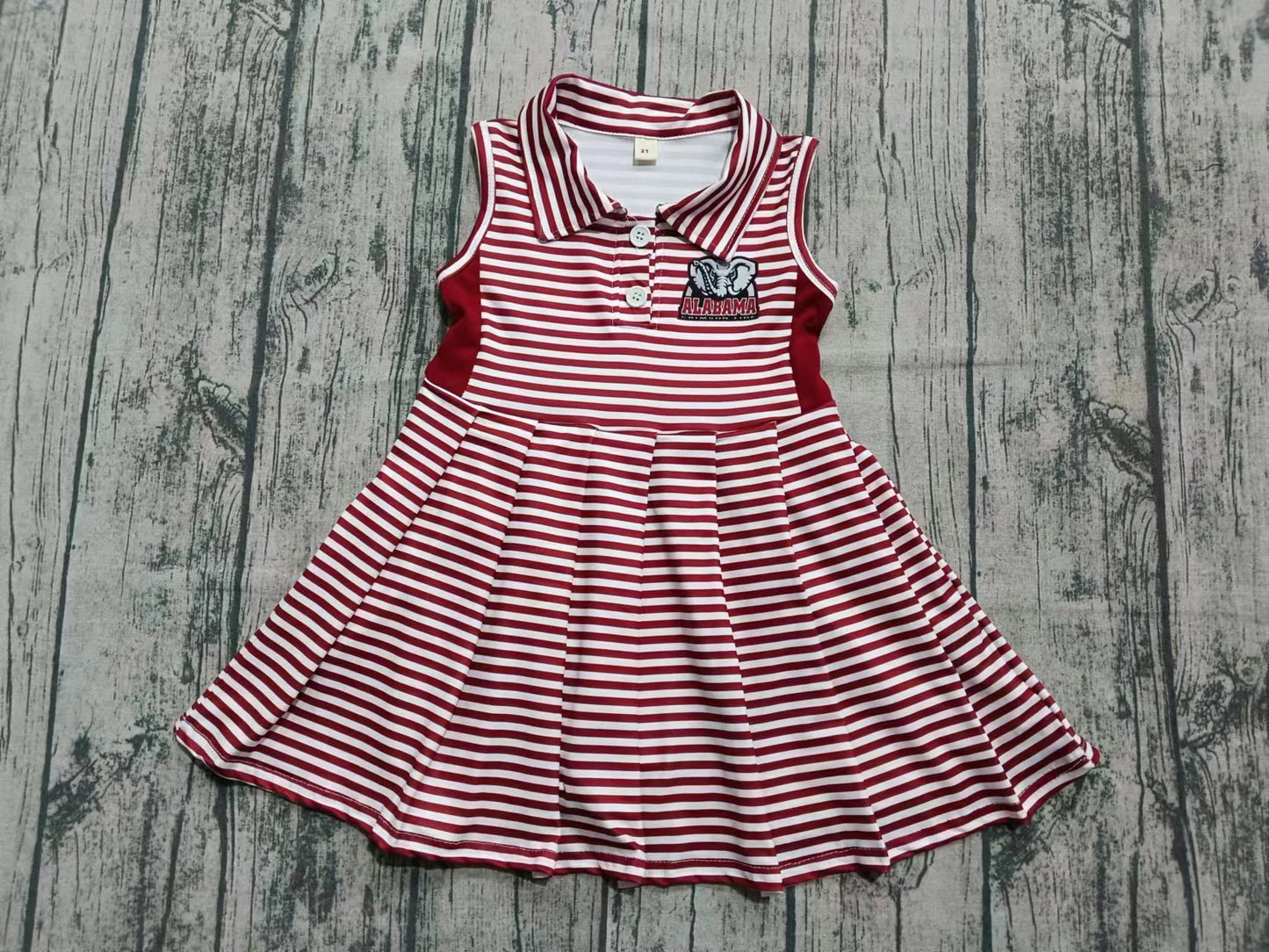 Preorder (moq 5)Baby Girls Sleeveless Red Stripe Button Alabama Team Knee Length Dresses