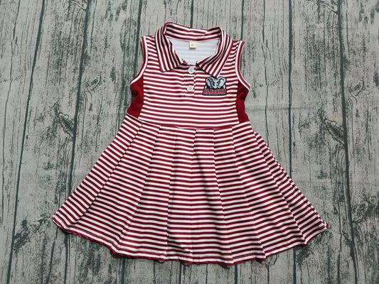 Preorder (moq 5)Baby Girls Sleeveless Red Stripe Button Alabama Team Knee Length Dresses