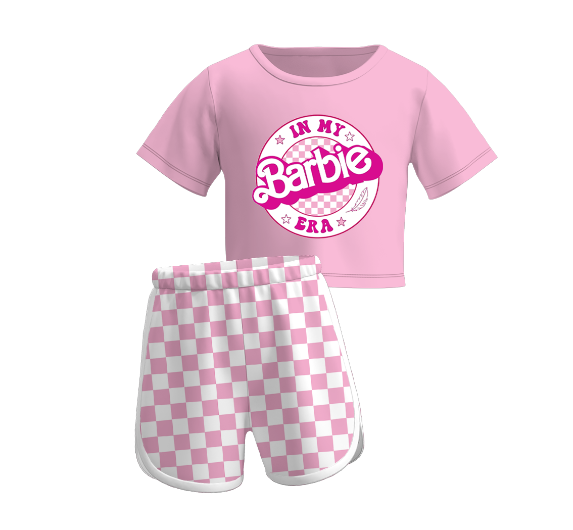 Baby Girls Doll Era Short Sleeve Top Pink Checkered Shorts Clothes Sets preorder (moq 5)