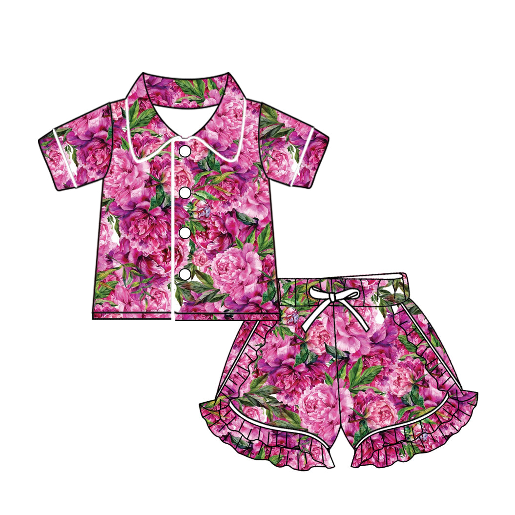 Baby Girls Pink Big Flowers Buttons Top Ruffle Shorts Pajamas Sets preorder(MOQ 5)