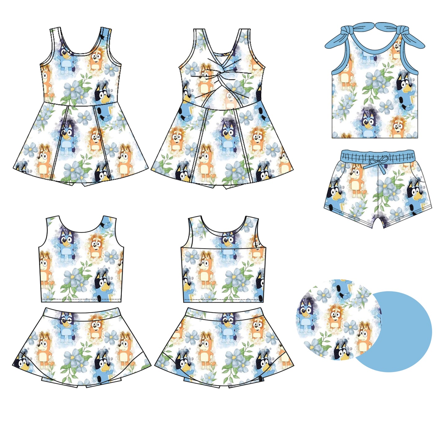Preorder moq 5 Custom Baby Girls Blue Sleeveless Cartoon Dogs Flowers Top Skort Set Knee Length Dress Pockets Short Set