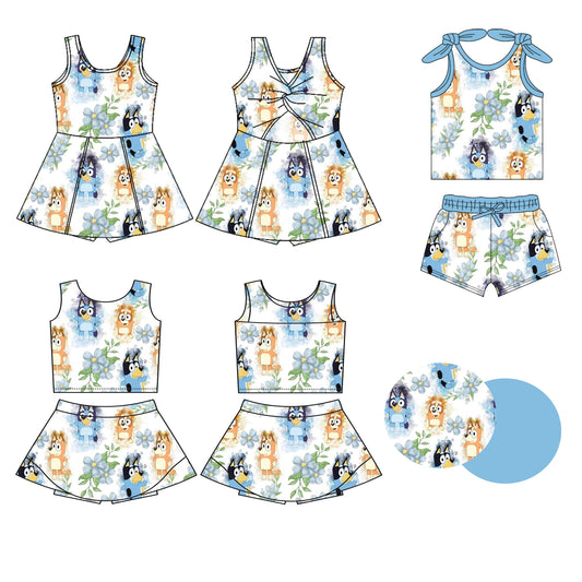 Preorder moq 5 Custom Baby Girls Blue Sleeveless Cartoon Dogs Flowers Top Skort Set Knee Length Dress Pockets Short Set