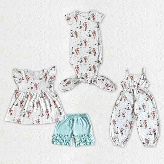 Sibling Baby Girls Horse Teepee Western Pearl Top Icing Ruffle Shorts Sets Jumpsuit Rompers