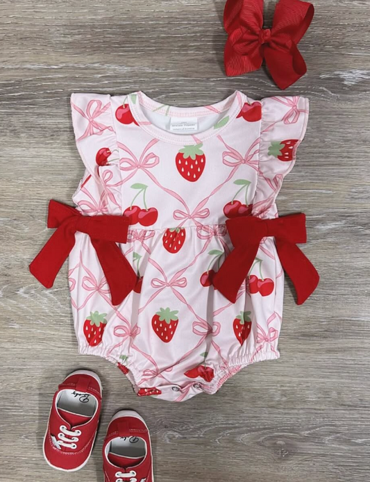 Baby Infant Girls Strawberry Bows Sleeveless Rompers