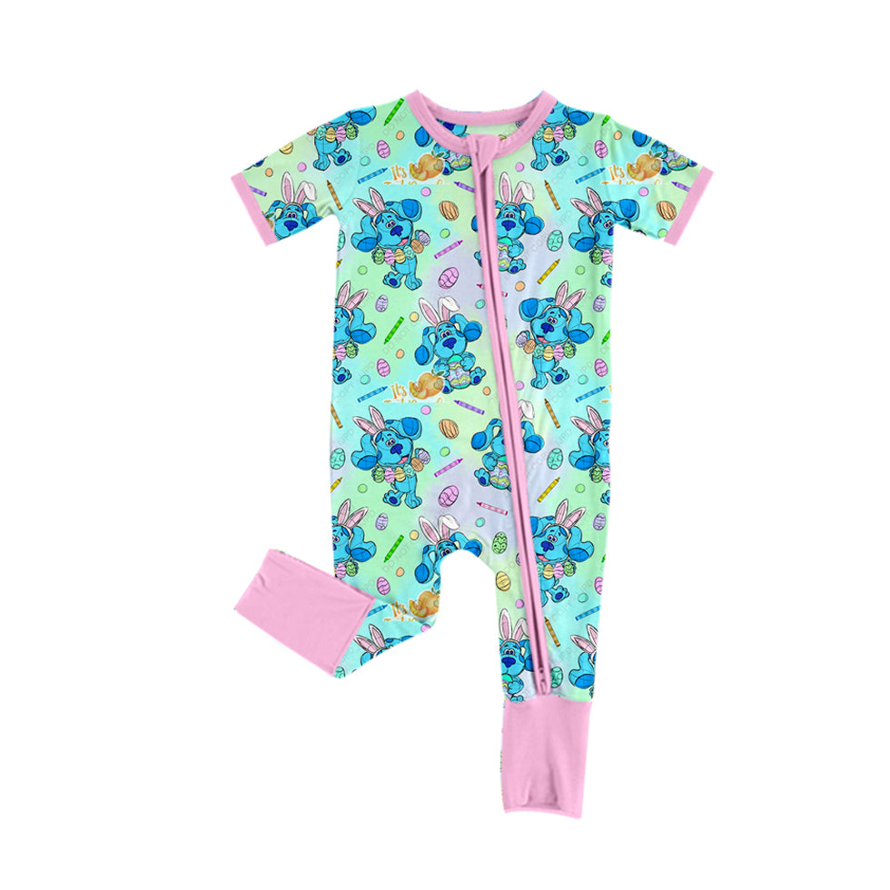 Baby Infant Girls Blue Dog Easter Zip Rompers preorder(moq 5)