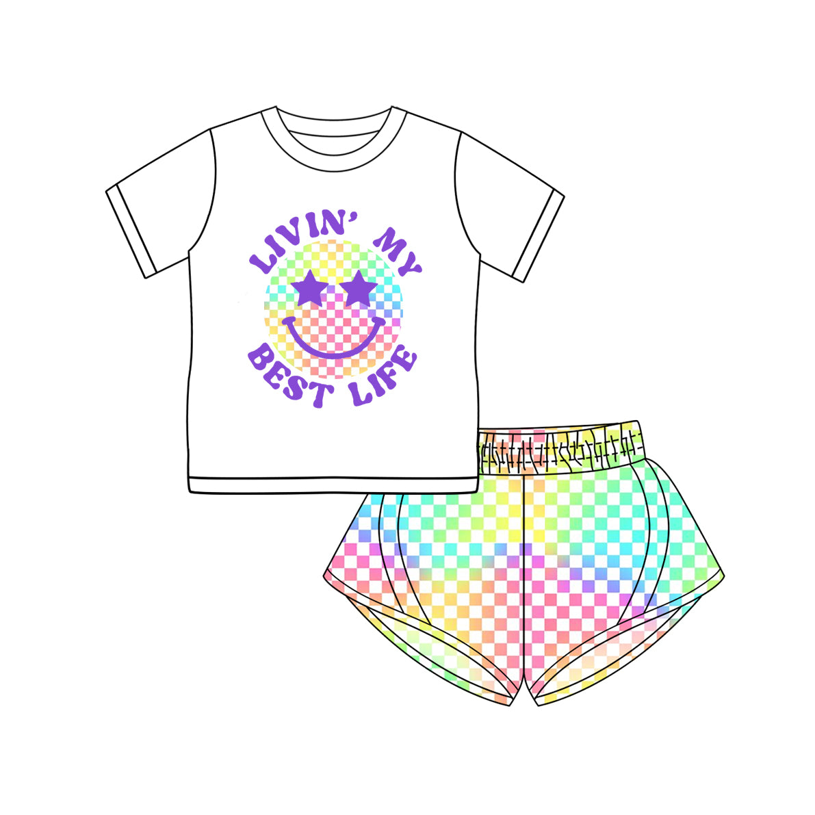 Preorder (moq 5)Baby Girls Short Sleeves Lavender Smile Top Colorful Plaid Short Set