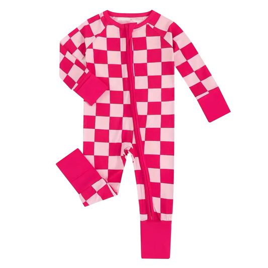 Baby Infant Girls Pink Checkered Long Sleeve Zip Rompers preorder(moq 5)