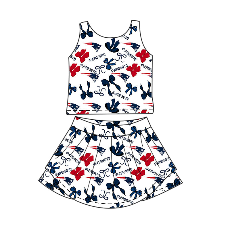 Preorder (moq 5)Baby Girls Sleeveless Bows Patriots Top Skirt Short Team Clothes Sets