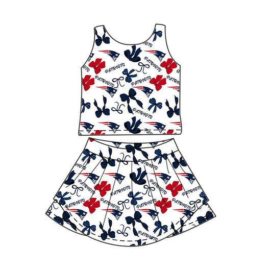 Preorder (moq 5)Baby Girls Sleeveless Bows Patriots Top Skirt Short Team Clothes Sets