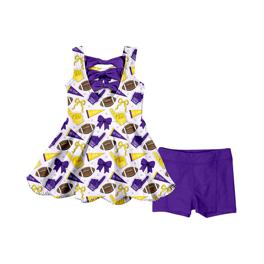 Preorder (moq 5)Baby Girls Sleeveless Bows Footballs Tunic Short Go Team Clothes Sets