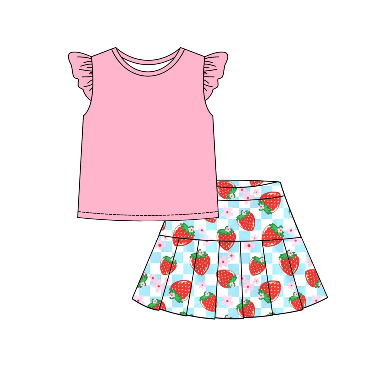 Preorder (moq 5)Baby Girls Pink Flutter Sleeves Top Flowers Strawberry Skirt Set