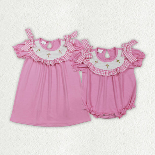 Sibling Smocked Crosses Baby Girls Pink Short Sleeve Easter Knee Length Dress Ruffle Rompers