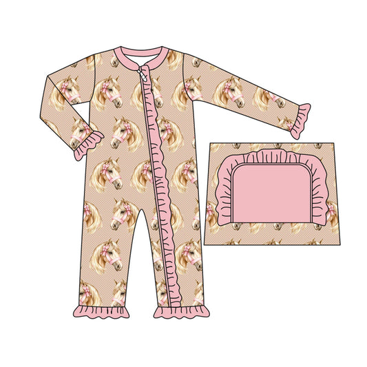 Baby Infant Girls Western Horse Bows Zip Rompers preorder(moq 5)