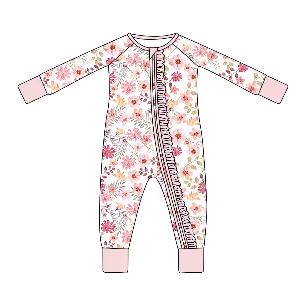 Baby Infant Girls Ruffle Pink Flowers Long Sleeve Zip Rompers preorder(moq 5)