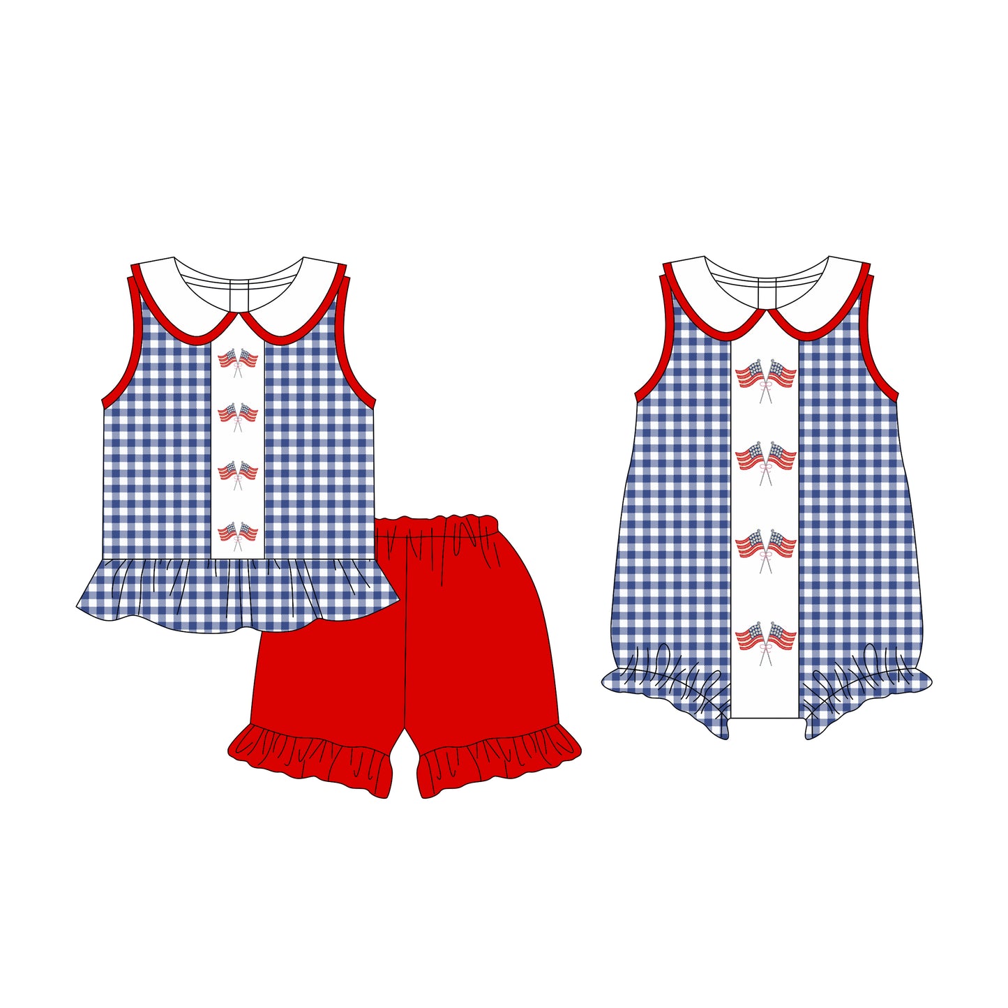Preorder moq 5 Custom Baby Girls Blue Plaid Sleeveless Flags Tunic Red Ruffle Short 4th Of July Set Rompers