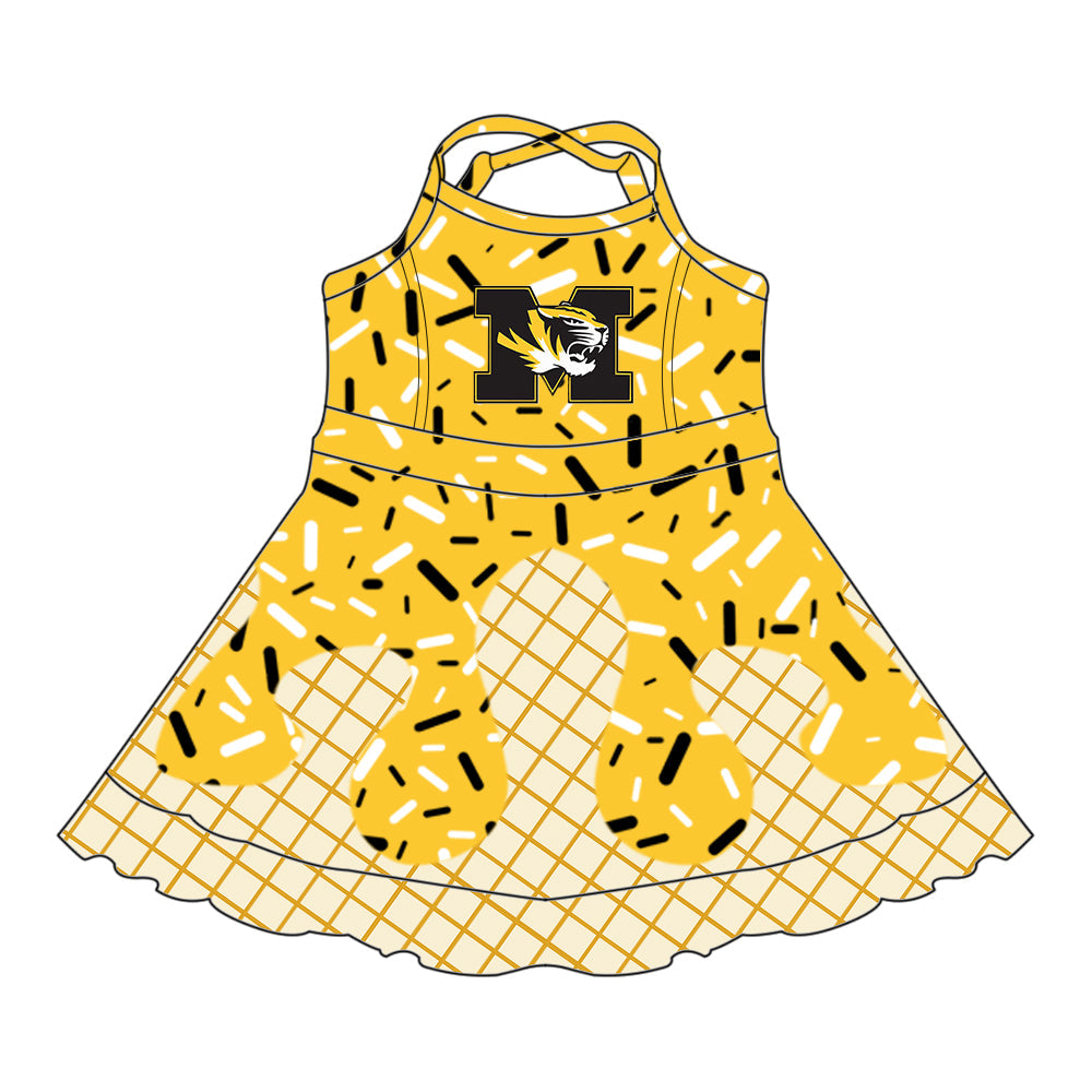 Preorder (moq 5)Baby Girls Drip Sprinkles M Tigers Team Shorts Ruffle Knee Length Dress