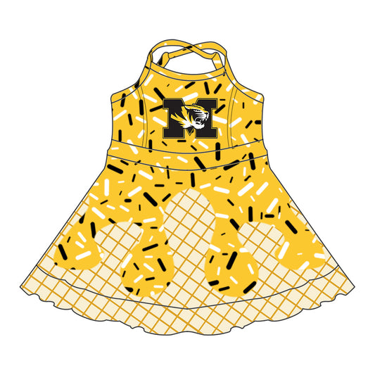 Preorder (moq 5)Baby Girls Drip Sprinkles M Tigers Team Shorts Ruffle Knee Length Dress