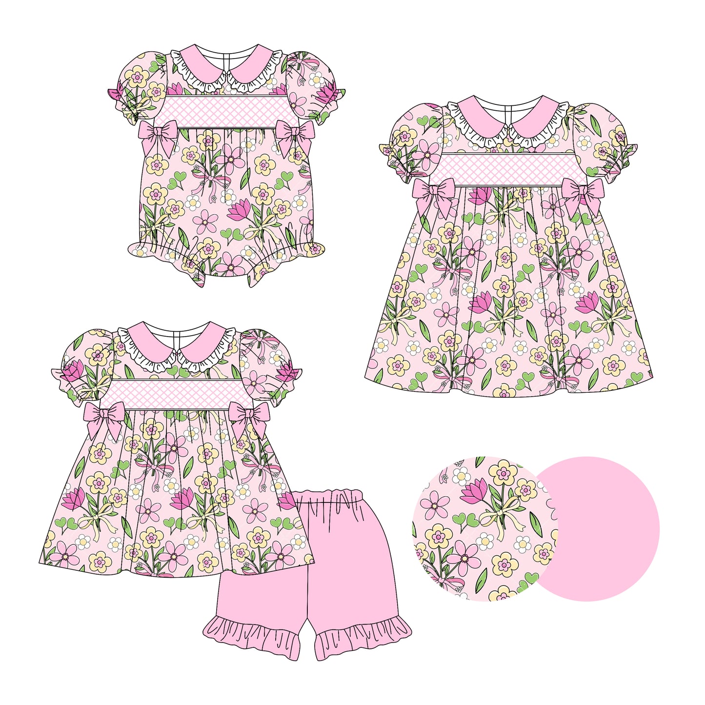 Preorder moq 5 Custom Baby Girls Pink Short Ruffle Sleeves Flowers Bows Tunic Ruffle Short Set Knee Length Dress Rompers