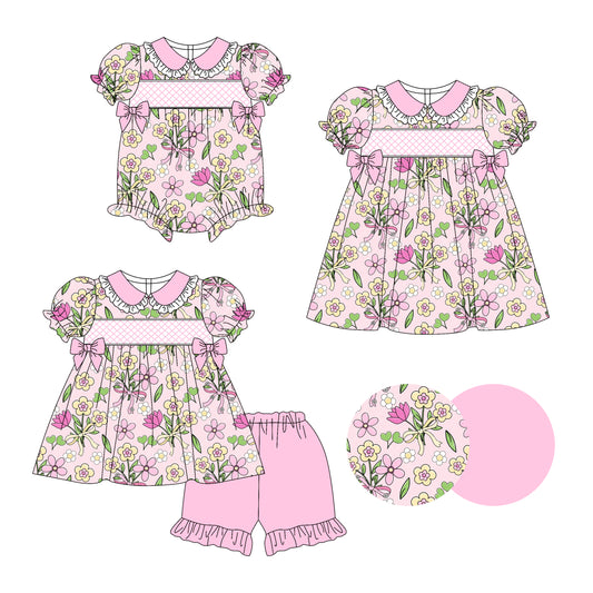 Preorder moq 5 Custom Baby Girls Pink Short Ruffle Sleeves Flowers Bows Tunic Ruffle Short Set Knee Length Dress Rompers