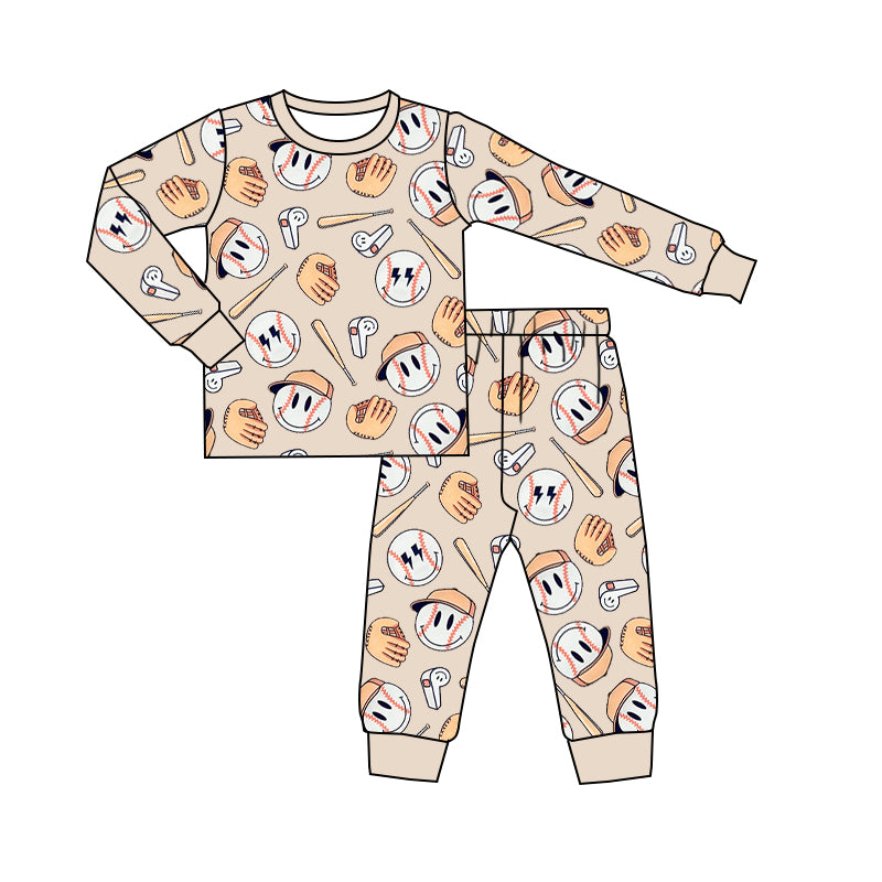 Preorder (moq 5)Baby Boys Long Sleeves Khaki Baseball Top Pant Pajamas Sets